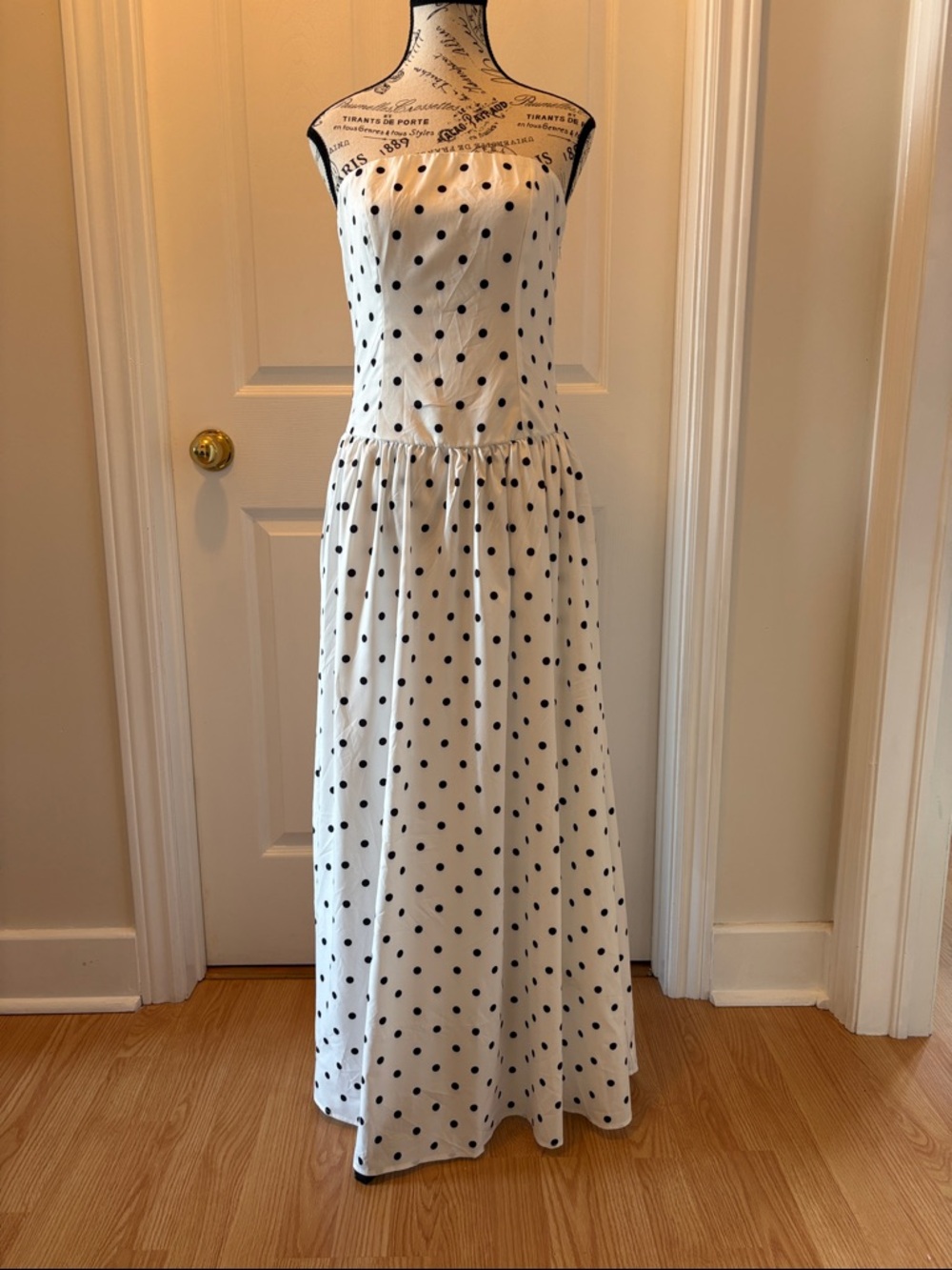 Strapless White Maxi Dress with Black Polka Dots